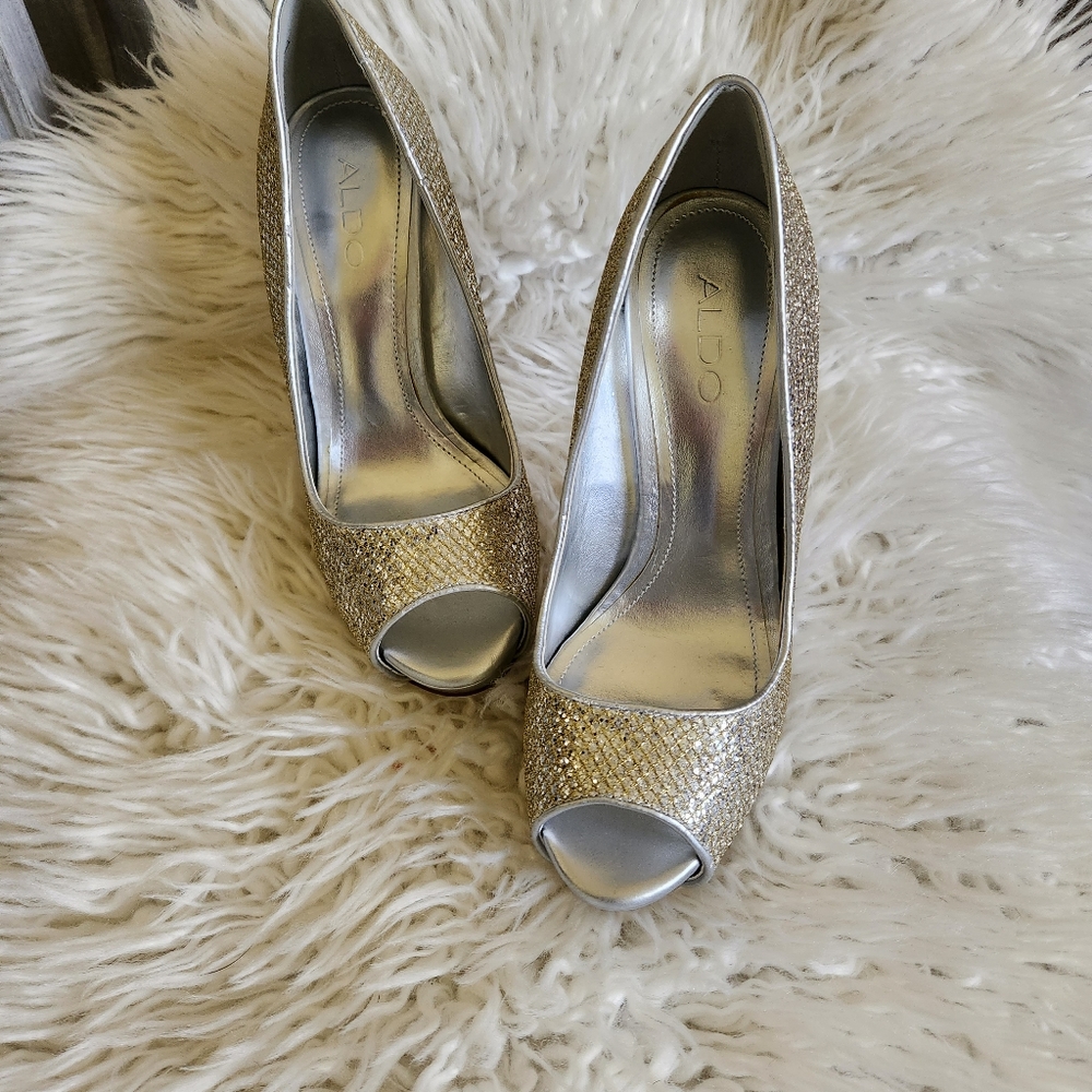 ALDO Gold Glitter Peep Toe Stiletto Pumps - Size Eur 37 U.s. 6.5 - Picture 2 of 7